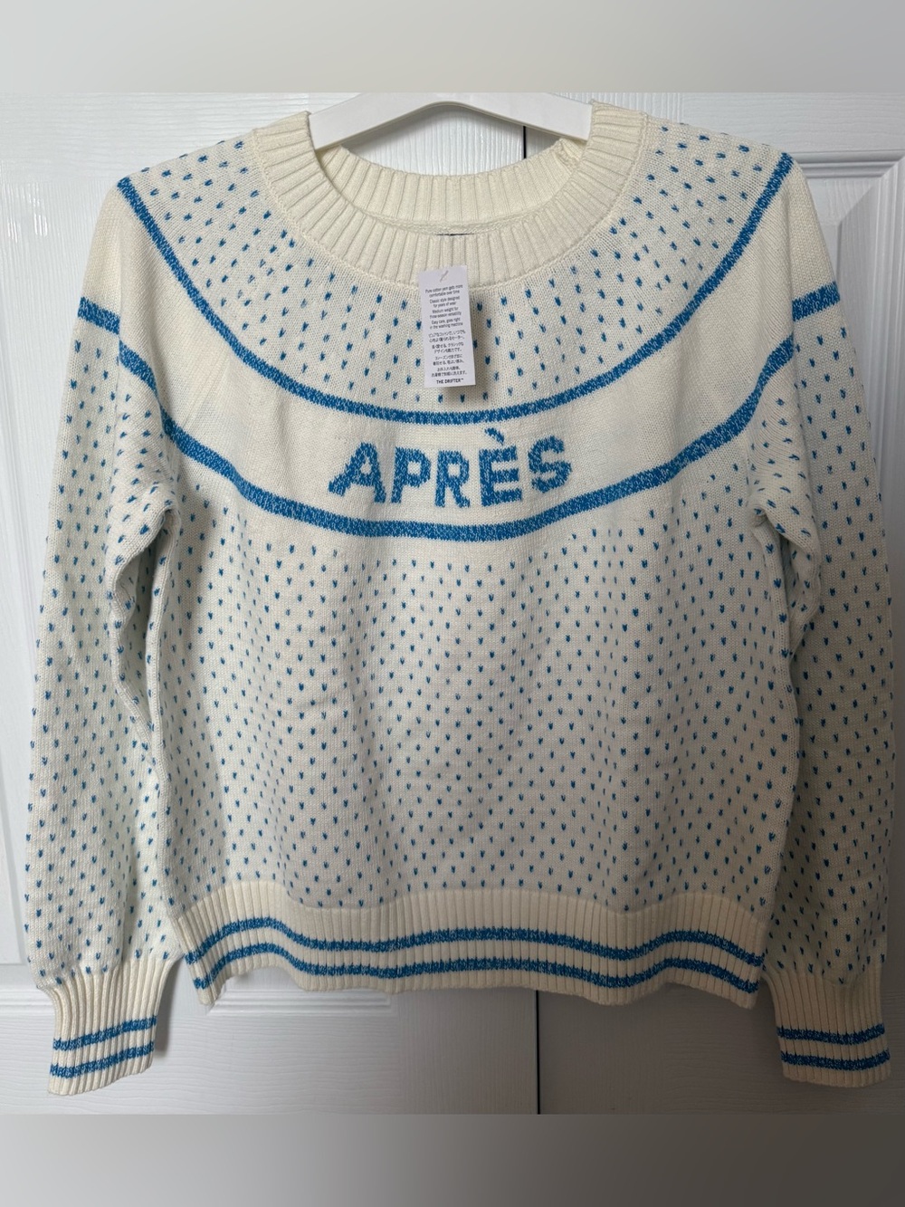 New NWT Lands' End White Sweater with Blue 'APRÈS' Detail The Drifter Pullover